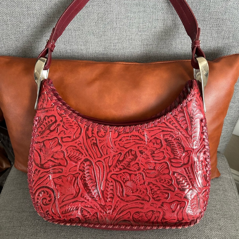 Red Embossed Leather Shoulder Bag